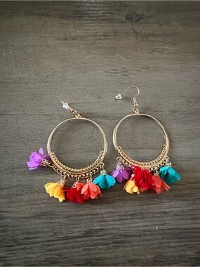 Gold Hoop Earrings with Multicolor Fabric Tassels